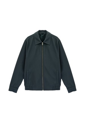 Donkergroene jas met ritssluiting, geribbelde textuur, kraag, lange mouwen, elastische tailleband en twee zakken aan de voorkant.