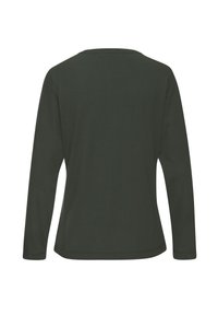 Dark green long-sleeved shirt made of cotton, featuring a rounded neckline and a smooth texture with a simple, unadorned design.