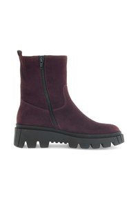 Violet suede ankle boots with a textured black rubber sole, featuring a side zipper and a sturdy block heel.