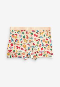 Bermudas coloridas para niños, hechas de suave algodón, con un estampado divertido de animales, frutas y formas sobre un fondo melocotón. Cintura elástica.
