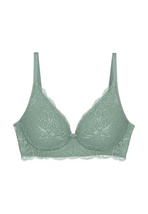 Reggiseno in pizzo verde chiaro con motivi floreali, spalline regolabili e chiusura a gancio al centro. Texture morbida e supporto con ferretto.