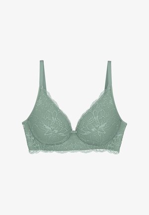 Reggiseno in pizzo verde chiaro con motivi floreali, spalline regolabili e chiusura a gancio al centro. Texture morbida e supporto con ferretto.
