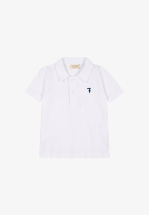 Polo bianca a maniche corte con due bottoni e piccolo logo ricamato blu navy sul petto sinistro.