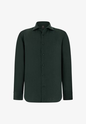 Dunkelgrünes Langarm-Hemd mit durchgehender Knopfleiste, spitzem Kragen und Standardmanschetten, vor weißem, einfarbigem Hintergrund präsentiert.