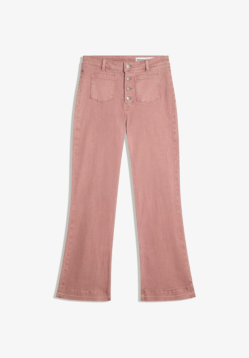 Flared pink denim pants with a slightly faded finish, featuring a five-button closure and two front pockets.