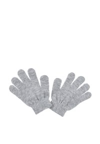 Guantes de lana grises con cinco dedos, textura de puño acanalado y una apariencia suave y flexible. Apto para uso en clima frío.