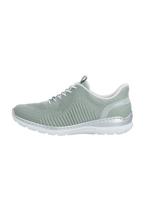 Light gray athletic shoe with knit upper, white sole, silver heel detail, and pull tab on tongue, viewed from the side.