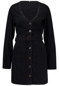 Czarna sukienka z denimu z długimi rękawami, dekoltem w serek, z przodu na guziki, z dopasowanym paskiem oraz dwoma bocznymi kieszeniami. Ozdobiona brązowymi guzikami.