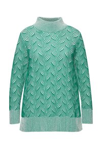 Pull vert avec un col haut, présentant un motif de vagues sur toute la surface et des poignets et un ourlet côtelés contrastants. Texture en mailles douces.