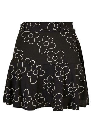 Gonna nera in tessuto con un design svasato, motivo floreale bianco e vita con cintura. L'orlo è leggermente arricciato per una maggiore texture.