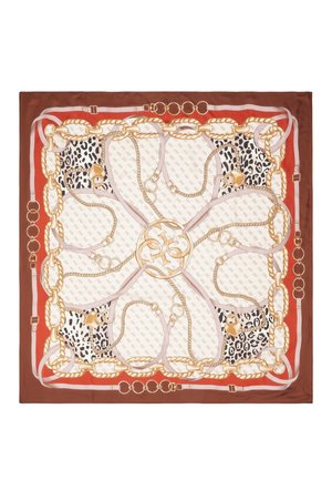 Foulard di seta con un design centrale a catena dorata, dettagli a stampa leopardata e un bordo marrone con dettagli rosa. I motivi e le texture variano.