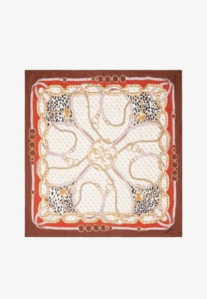 Foulard di seta con un design centrale a catena dorata, dettagli a stampa leopardata e un bordo marrone con dettagli rosa. I motivi e le texture variano.