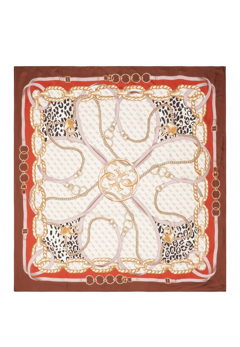 Foulard di seta con un design centrale a catena dorata, dettagli a stampa leopardata e un bordo marrone con dettagli rosa. I motivi e le texture variano.