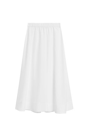 Biała spódnica do kolan z elastycznym pasem i delikatnym rozkloszowaniem, prezentowana na jednolitym białym tle.