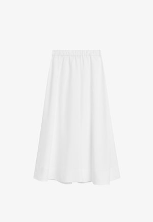 Witte knielange rok met elastische tailleband en lichte uitlopende zoom, getoond tegen een effen witte achtergrond.