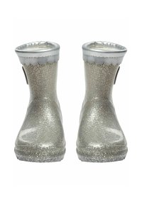 Stivali da pioggia argento glitter per bambini con bordatura smerlata e parte superiore imbottita, mostrati frontalmente su uno sfondo bianco.