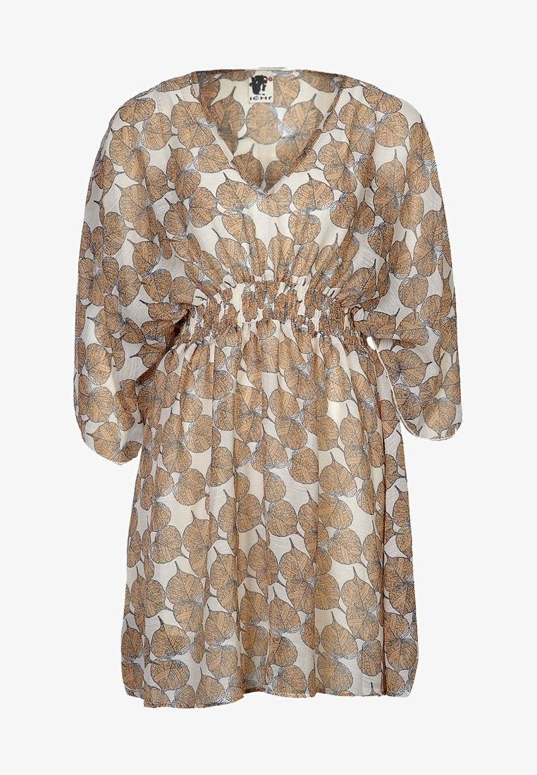 Robe avec taille élastique cintrée, col en V, longues manches bouffantes et motif de feuilles marron sur tissu blanc transparent.