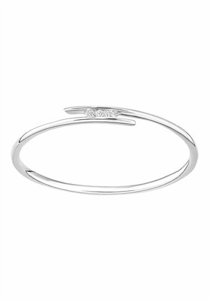 Silbernes Armreifarmband mit schlankem Design, das über eine glatte Textur und einen kleinen Diamantakzent in der Mitte verfügt.