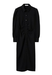 Schwarzes Kleid mit durchgehender Knopfleiste, Kragen, langen Ärmeln mit Puffschultern und gerafften Details an der Taille.