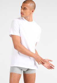 White cotton t-shirt with a crew neckline and short sleeves, paired with gray boxer briefs. Smooth texture, relaxed fit.