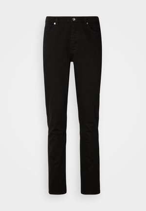 Pantaloni in denim nero con vestibilità slim, dotati di zip e design a cinque tasche. Texture liscia e dettagli di cucitura robusti.