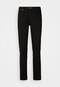 Sorte jeans med lige ben med foran knap- og lynlåslukning, for- og baglommer, vist på en lys ensartet baggrund.