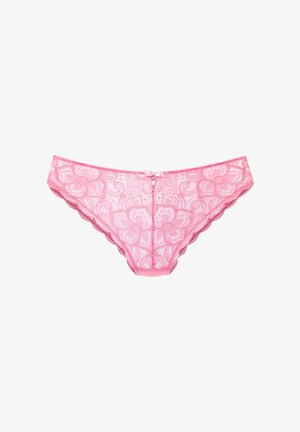 Rosa Spitzen-Damenunterwäsche mit Blumenmuster und kleinem dekorativem Schleifchen mit Perlenanhänger in der vorderen Mitte.