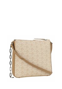 Borsa beige con un esterno a fantasia, dotata di un bordo in pelle liscia e di una tracolla in metallo a catena. Chiusura a zip nella parte superiore.