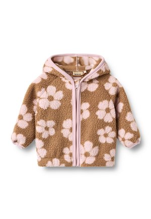 Veste en polaire marron et rose pour tout-petit avec capuche, fermeture éclair à l'avant et grand motif floral rose sur toute la surface.