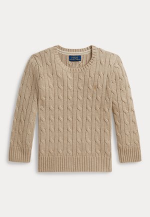 Pull beige en maille torsadée à manches longues avec encolure ronde, poignets et bas côtelés, avec un petit logo brodé sur la poitrine.