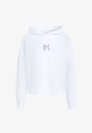 Biela orezaná mikina s kapucňou z mäkkej látky, sstrieborným logom na hrudi a dlhými, mierne zúženými rukávmi. Hladká textúra.
