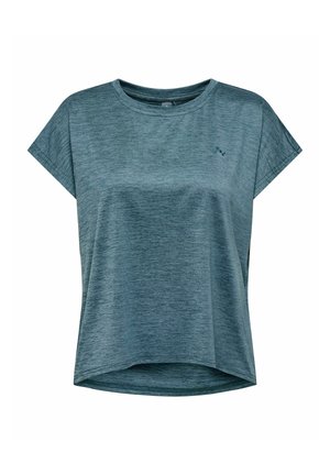Blauwgrijs T-shirt voor dames met korte mouwen, ronde hals en subtiele gemêleerde structuur, iets langere zoom aan de achterkant en klein logo op de linkerborst.
