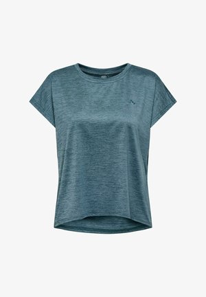 Blue-gray short-sleeve women's T-shirt with crew neck and subtle heather texture, slightly longer hem in back, and small logo on left chest.