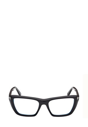 Occhiali rettangolari neri con una montatura audace, caratterizzati da accenti azzurri chiari sulle lenti e dettagli dorati sulle aste.