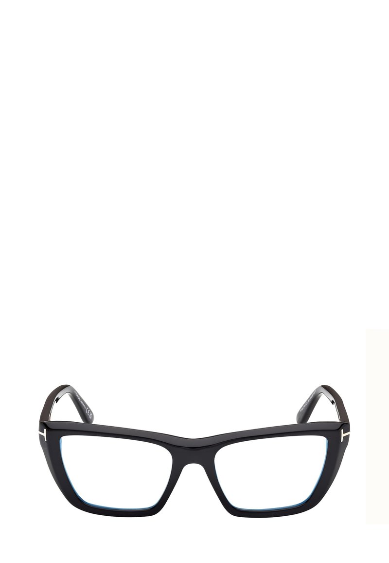 Occhiali rettangolari neri con una montatura audace, caratterizzati da accenti azzurri chiari sulle lenti e dettagli dorati sulle aste.