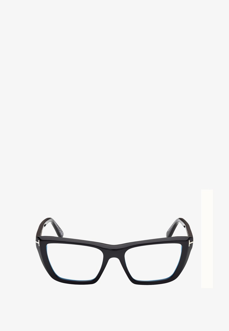Occhiali rettangolari neri con una montatura audace, caratterizzati da accenti azzurri chiari sulle lenti e dettagli dorati sulle aste.