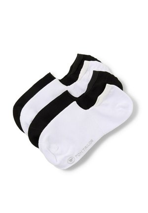 Drei Paar niedrig geschnittene Knöchelsocken in Schwarz und Weiß, überlappend auf weißem Hintergrund angeordnet.