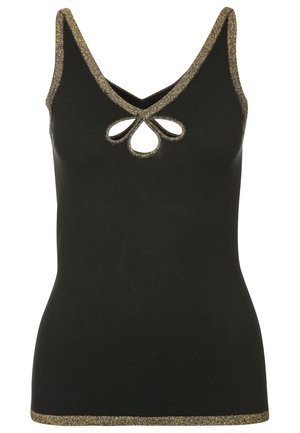 Haut sans manches noir avec bordure métallique dorée, présentant un décolleté en V avec trois découpes en forme de goutte d'eau sous le col.