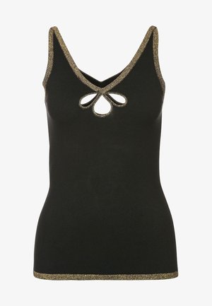 Haut sans manches noir avec bordure métallique dorée, présentant un décolleté en V avec trois découpes en forme de goutte d'eau sous le col.