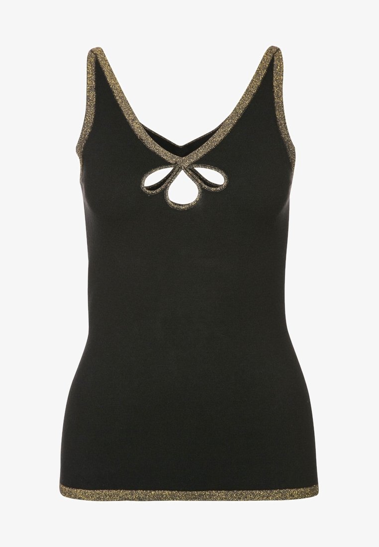Haut sans manches noir avec bordure métallique dorée, présentant un décolleté en V avec trois découpes en forme de goutte d'eau sous le col.