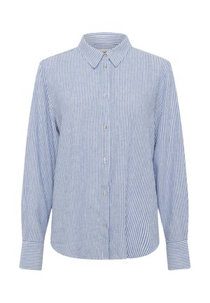 Chemise à manches longues boutonnée avec rayures verticales bleues et blanches, col pointu et poignets boutonnés sur fond blanc.