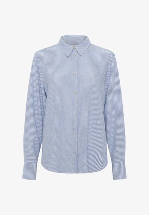 Chemise à manches longues boutonnée avec rayures verticales bleues et blanches, col pointu et poignets boutonnés sur fond blanc.