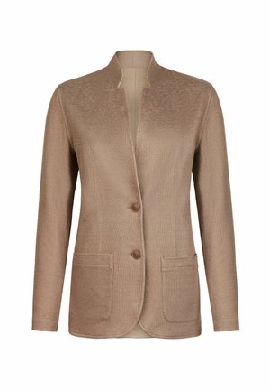 Lysebrun blazer med lange ærmer, to knapper, to forlommer og en let åben krave, vist på en hvid baggrund.