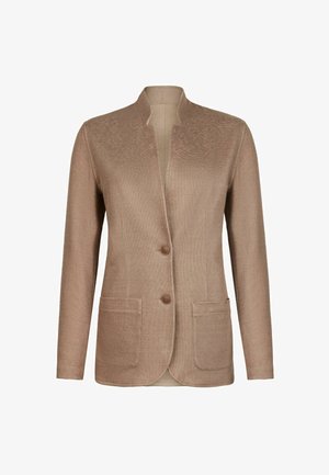 Lysebrun blazer med lange ærmer, to knapper, to forlommer og en let åben krave, vist på en hvid baggrund.