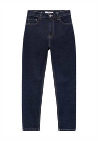 Vaqueros de mezclilla azul oscuro con corte ajustado, que cuentan con cinco bolsillos, costuras claras y cierre frontal con botón. Textura suave, sin patrones visibles.
