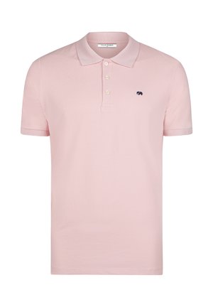 Jasnoróżowa koszulka polo z krótkim rękawem, trzema guzikami i małym ciemnym logo słonia na lewej piersi.