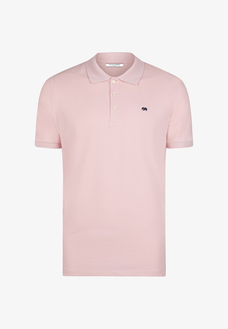 Polo à manches courtes rose clair avec trois boutons et un petit logo éléphant foncé sur la poitrine gauche.