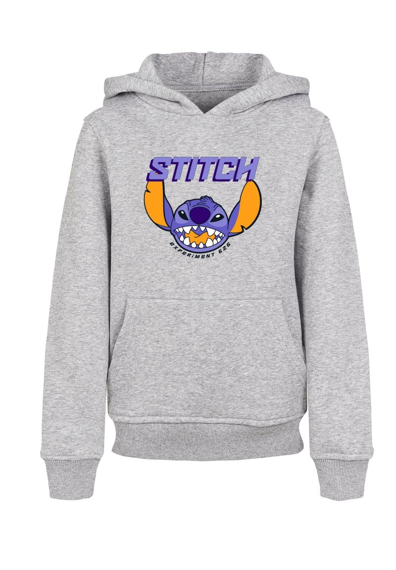 Sivá mikina s kapucňou s farebnou grafikou Stitch a veľkým fialovým textom s nápisom "STITCH" a oranžovými akcentmi na rukávoch.