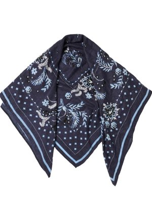 Dunkelblaues quadratisches Tuch mit hellblauen, weißen Blumen- und Blattmustern und einem eingefassten Rand, flach mit Falten ausgelegt.