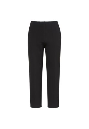 Czarne spodnie o dopasowanym kroju, z gładką fakturą, prostymi nogawkami i pionowymi zakładkami z przodu dla dodatkowego efektu.